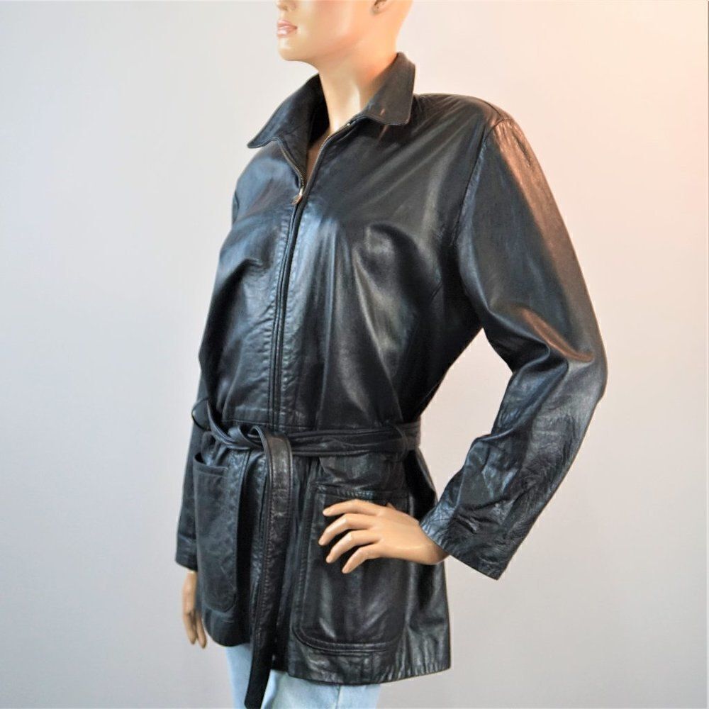 Vintage Red Kid USA Leather Jacket Full Zip Black High Quality Belted Women Sz L